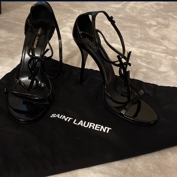 Saint Laurent Black Patent Leather Strappy Sandals - Picture 1 of 3